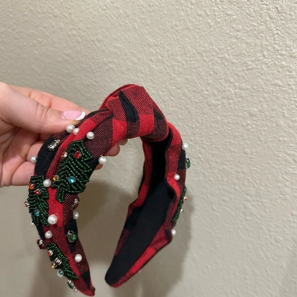 Plaid Red and Black Headband with Beaded Accents